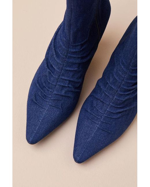 Lulus Blue Klint Denim Ruched Pointed-Toe Ankle Boots