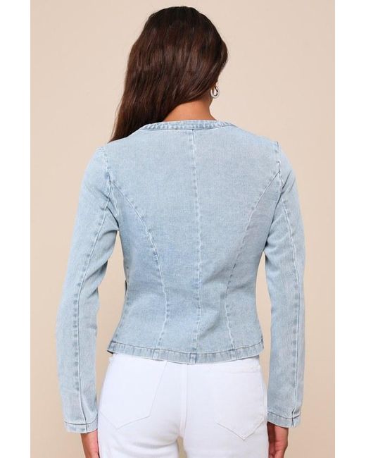 Lulus Blue Delightful Energy Light Wash Collarless Button-Up Denim Jacket