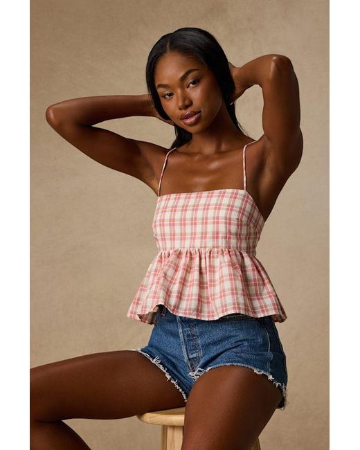 Lulus Brown Delilah Multi Plaid Peplum Tank Top
