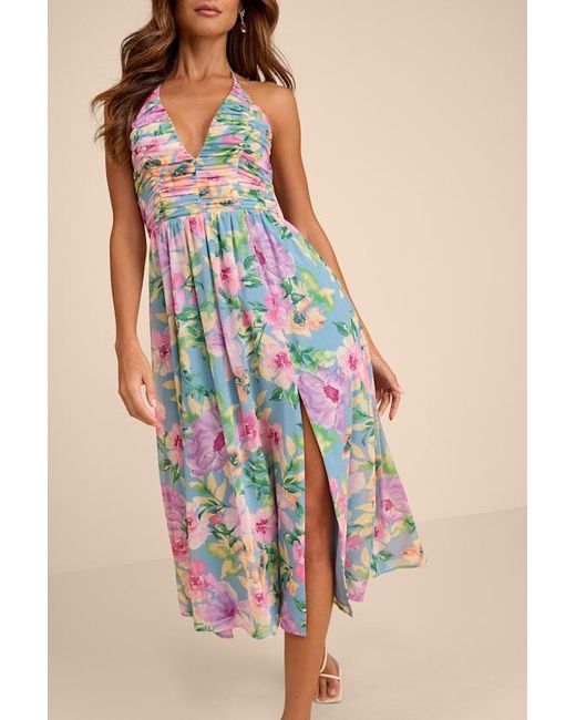 Lulus Blue Danelle Floral Halter A-Line Midi Dress