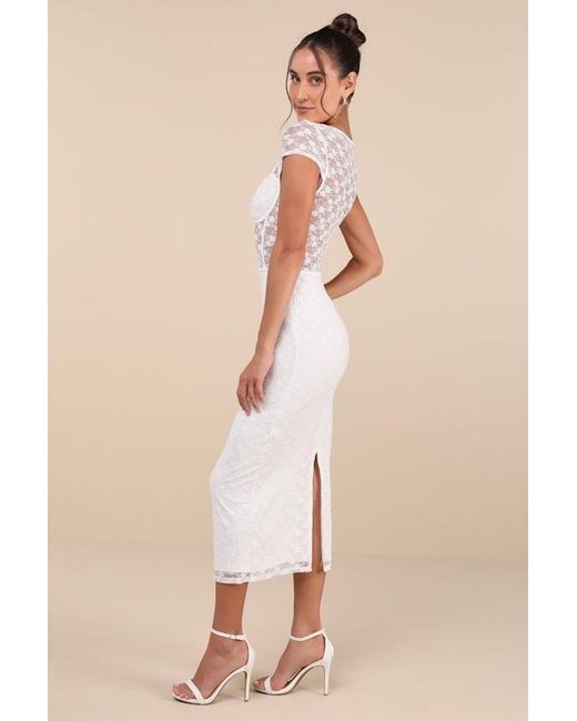 Lulus Natural Flirtatious Presence Sheer Lace Bustier Midi Dress