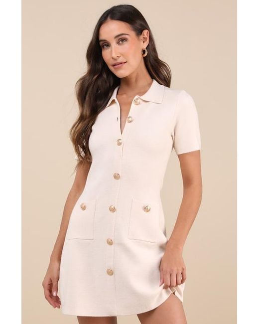 Lulus Natural Posh Outcome Cream Short Sleeve Sweater Mini Dress