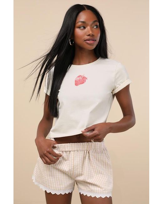 Lulus Natural Marija Gingham Scalloped Shorts