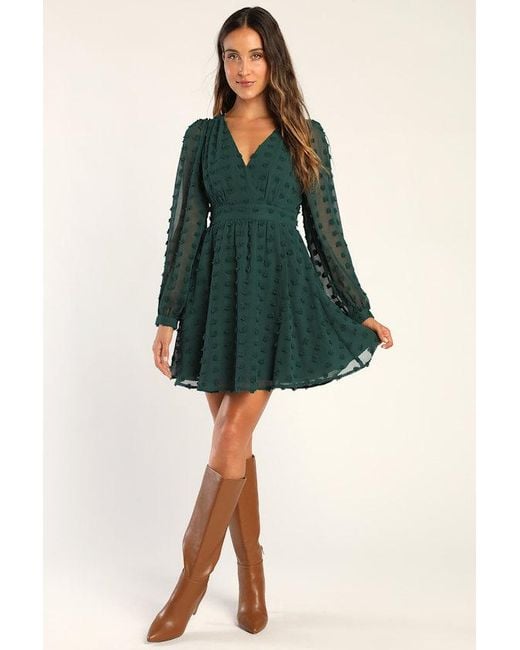 Lulus Green Always On Repeat Clip Dot Long Sleeve Mini Dress