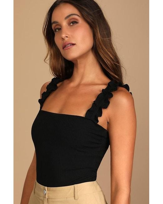 Lulus Black Musing About You Ribbed Ruffle Strap Bodysuit