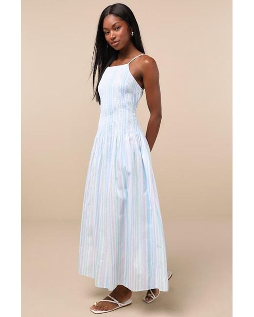 Lulus Blue Jalessa Multi Striped Drop Waist Midi Dress