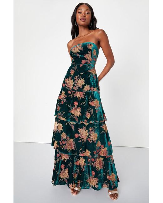 Lulus Blue Real Allure Emerald Floral Burnout Velvet Strapless Maxi Dress