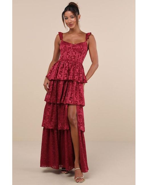 Lulus Stunning Glory Floral Jacquard Tiered Maxi Dress