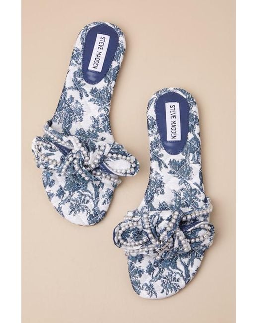 Steve Madden Blue Misha Multi Floral Knotted Pearl Slide Sandals