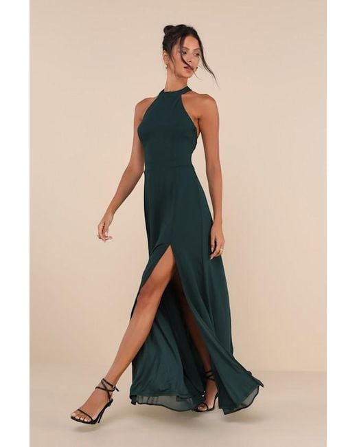 Lulus Blue Confidently Charismatic Emerald Backless Halter Maxi Dress