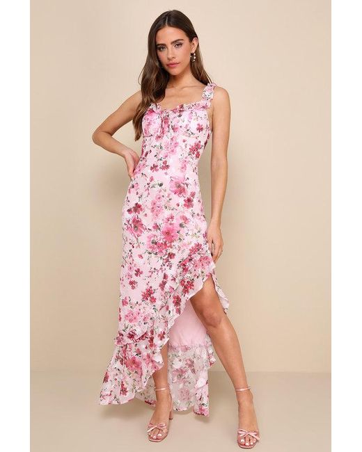Lulus Pink Lovable Spirit Floral Burnout Ruffled High-Low Maxi Dress