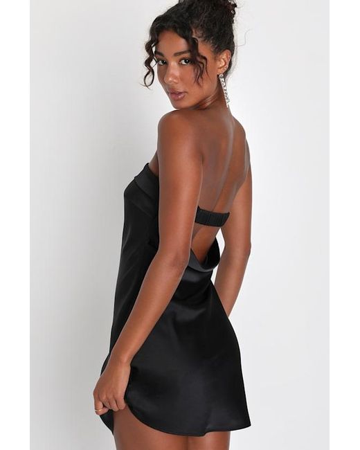 Lulus Black Exquisite Approach Satin Strapless Cowl Back Mini Dress