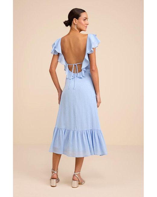 Lulus Blue Devie Satin Jacquard Flutter Sleeve Midi Dress