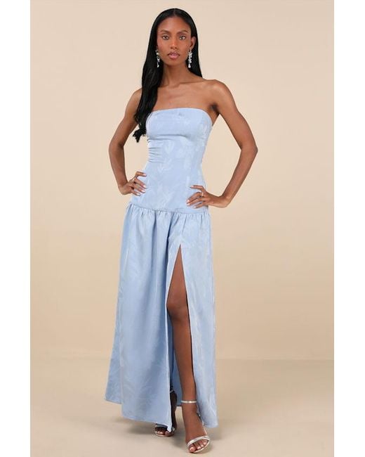 Lulus Gemmi Satin Jacquard Drop Waist Maxi Dress in Blue | Lyst UK