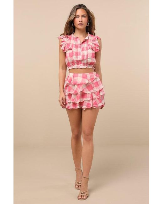 JACQUIE THE LABEL Pink Giada And Plaid Flutter Sleeve Crop Top