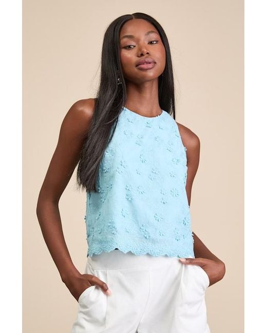 Lulus Blue Pleasant Personality Floral Embroidered Crew Neck Tank Top