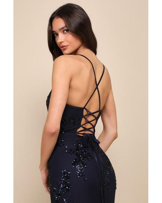 Lulus Valhalla Sequin Lace-Up Tiered Maxi Dress in Blue | Lyst UK