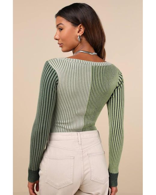 Lulus Green Mod Cutie Color Block Ribbed Long Sleeve Bodysuit