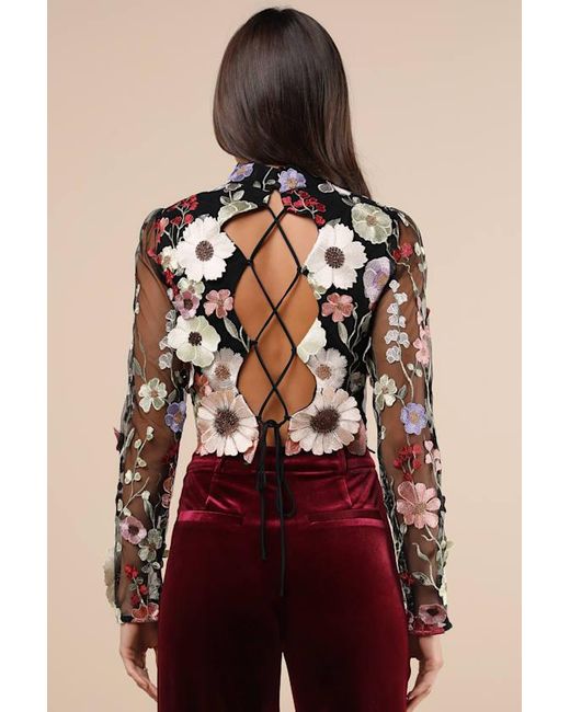 Lulus Black Fantastic Charisma 3D Floral Lace-Up Top