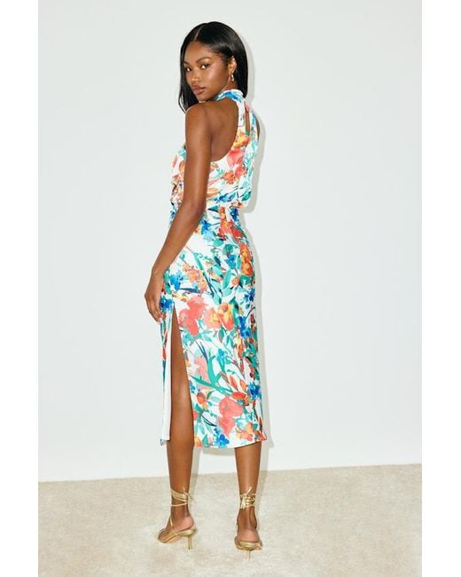 Lulus White Jacey Multi Floral Satin Halter Midi Dress