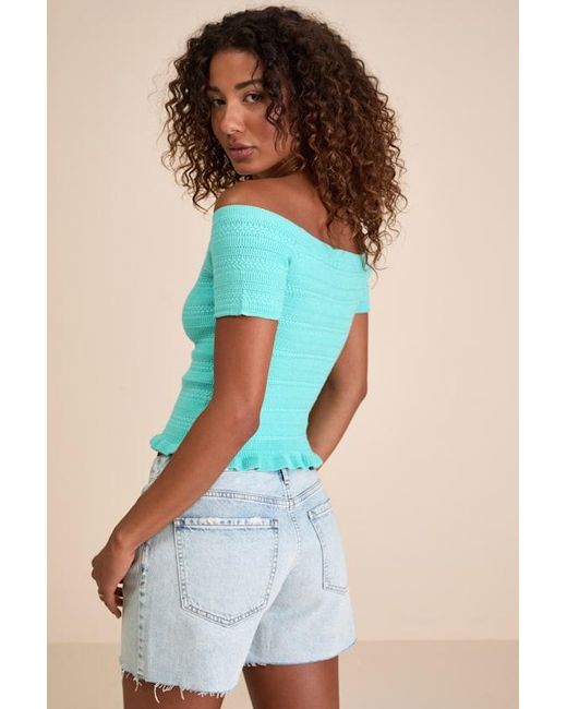Lulus Blue Alamea Aqua Pointelle Knit Off-The-Shoulder Sweater Top