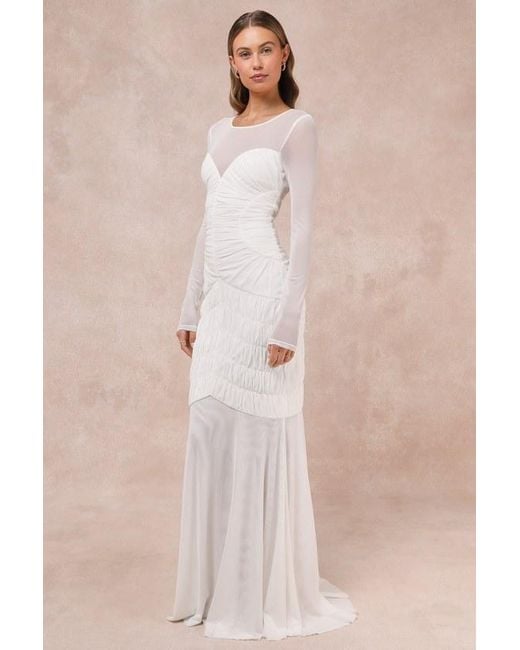 Lulus Natural Romantic Heights Mesh Ruched Long Sleeve Maxi Dress