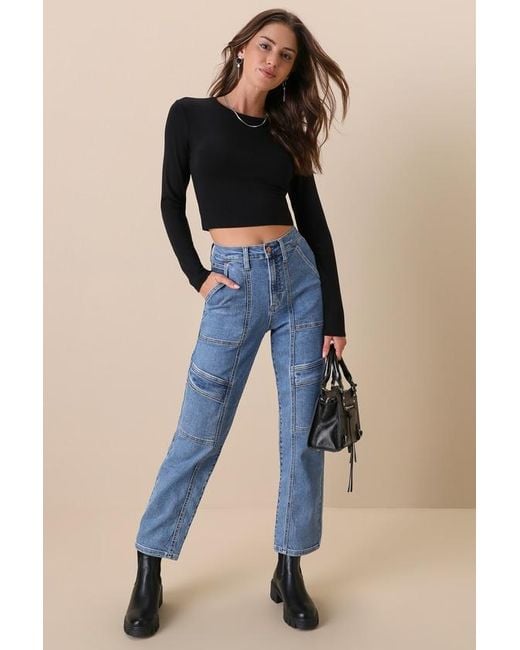 Lulus Blue Ready To Vibe Medium Wash High-Rise Straight Leg Cargo Jeans