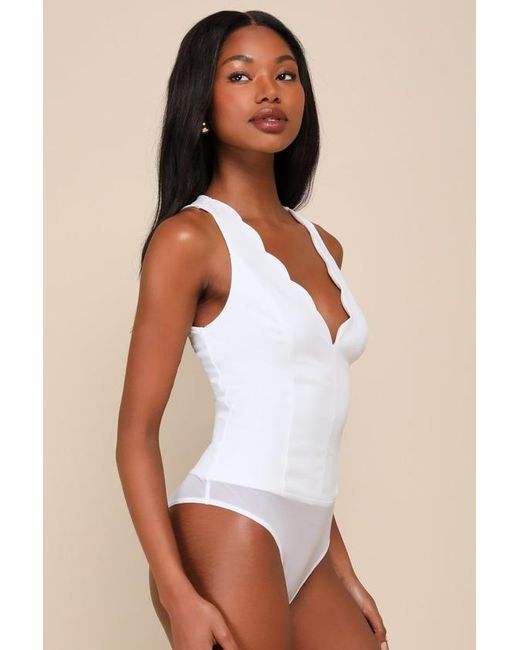 Lulus White Admired Poise Scalloped V-Neckline Sleeveless Bodysuit