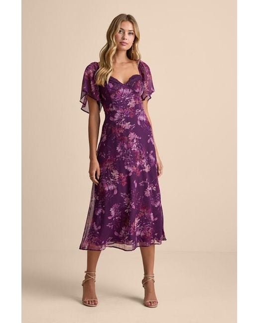 Lulus Purple Valla Floral Flutter Sleeve Midi Dress