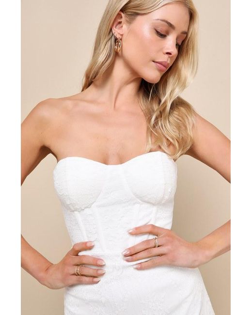 Lulus Natural Vivacious Moment Lace Bustier Strapless Feather Mini Dress