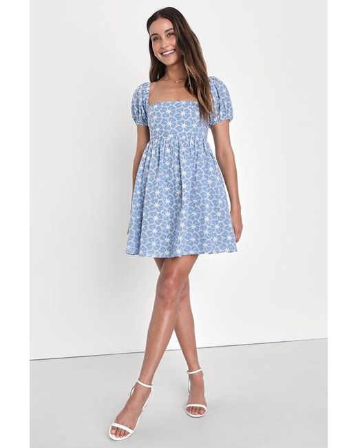 Lulus Blue Fit To Frolic Eyelet Lace Puff Sleeve Babydoll Dress