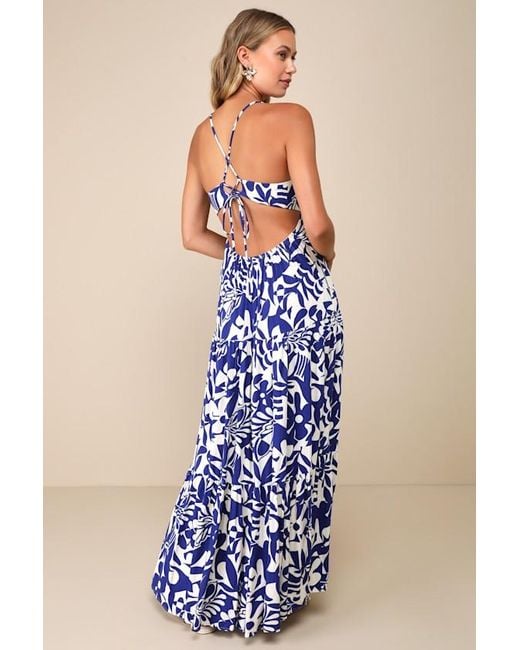 Lulus Blue Mykonos Memories And Ivory Abstract Maxi Dress With Pockets