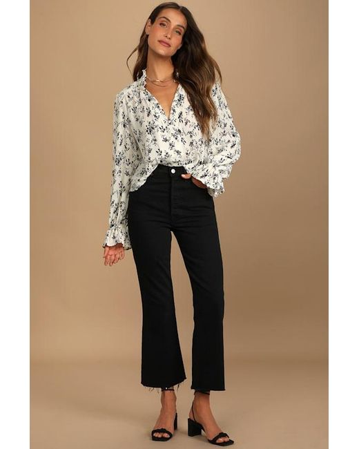 Lulus Natural Keep Things Classy Floral Print Button-Up Long Sleeve Top