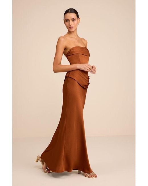 Lulus Natural Verbena Bronze Satin Draped Strapless Maxi Dress