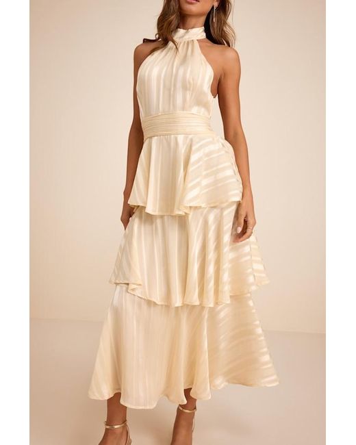 Lulus Natural Jennica Pale Striped Satin Tiered Midi Dress