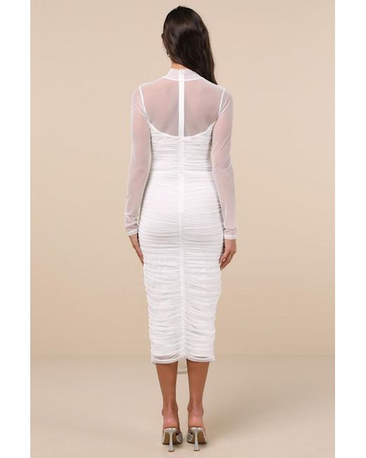 Lulus Natural Impressive Flirt Mesh Ruched Mock Neck Midi Dress