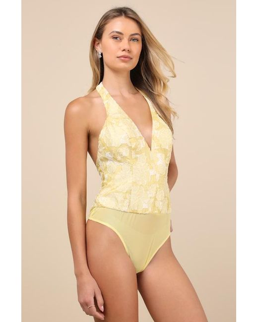 Lulus Yellow Lilou Jacquard Halter Bodysuit