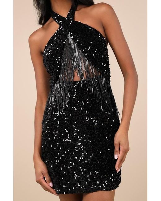 Lulus Black Elevated Dazzle Velvet Sequin Fringe Halter Mini Dress