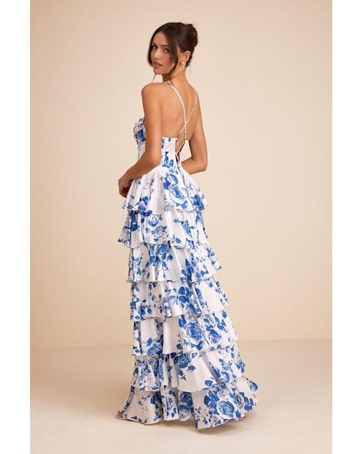 Lulus Blue Arletta And Floral Satin Bustier Tiered Maxi Dress