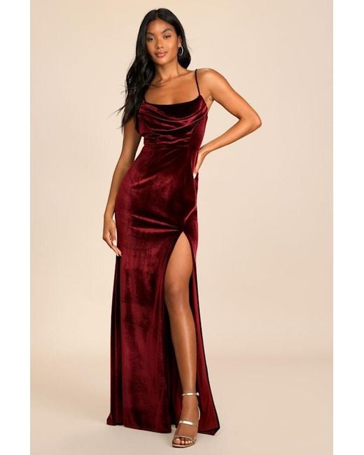 Lulus Red Everything I Do Wine Velvet Cowl Neck Mermaid Maxi Dress