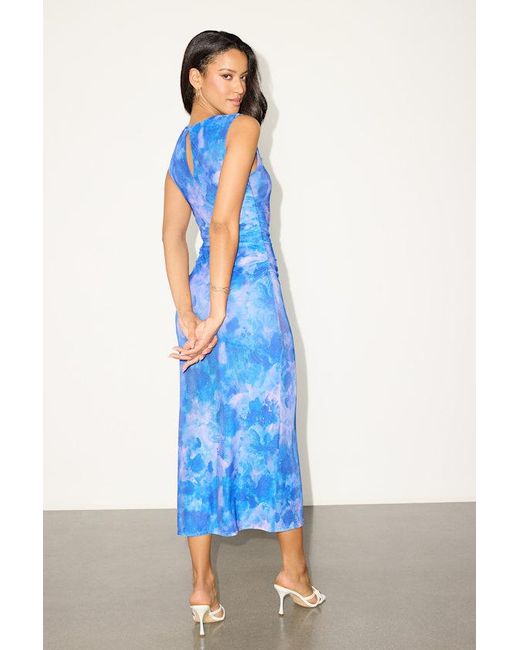 Lulus Blue Elyra Floral Mesh Ruched Crew Neck Midi Dress