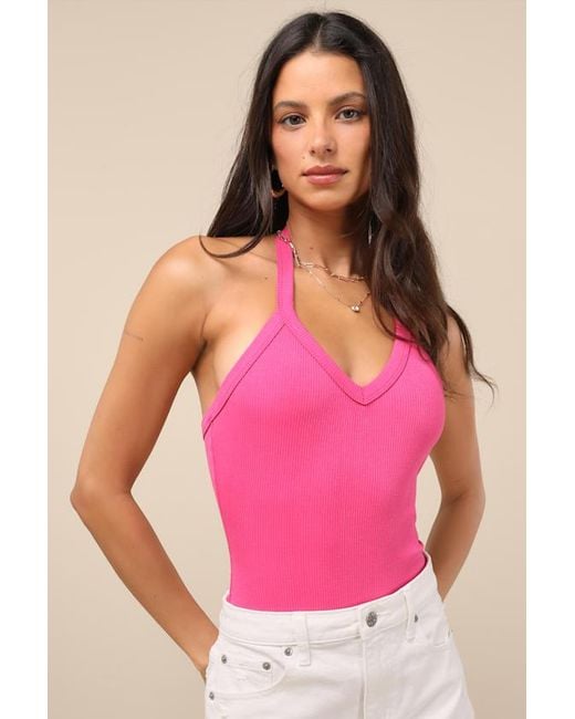 Lulus Pink Chic Contentment Ribbed Sleeveless Halter Bodysuit