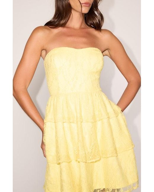 Lulus Yellow Sweet Perception Lace Strapless Tiered Mini Dress