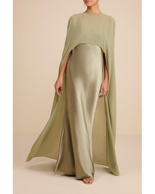 Lulus Natural Cavana Sage Satin Cape Maxi Dress