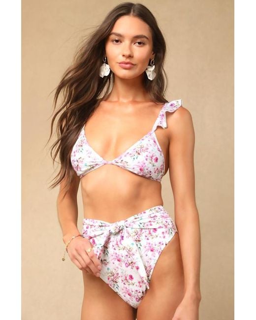 Lulus Pink Tide Time Floral Tie-Front Bikini Bottoms
