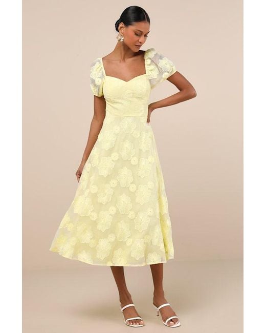 Lulus Yellow Sweetest Behavior Embroidered Puff Sleeve Midi Dress