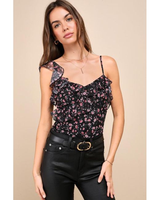 Lulus Black Cutest Potential Floral Mesh Ruffled Sleeveless Bodysuit