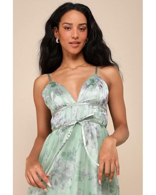 Lulus Green Delightful Invitation Floral Tulle Sleeveless Maxi Dress