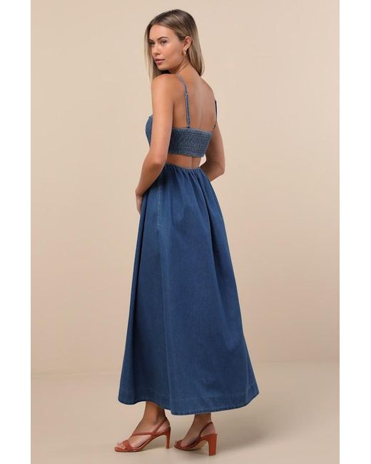 Lulus Blue Laylie Medium Wash Denim Lace-Up Midi Dress