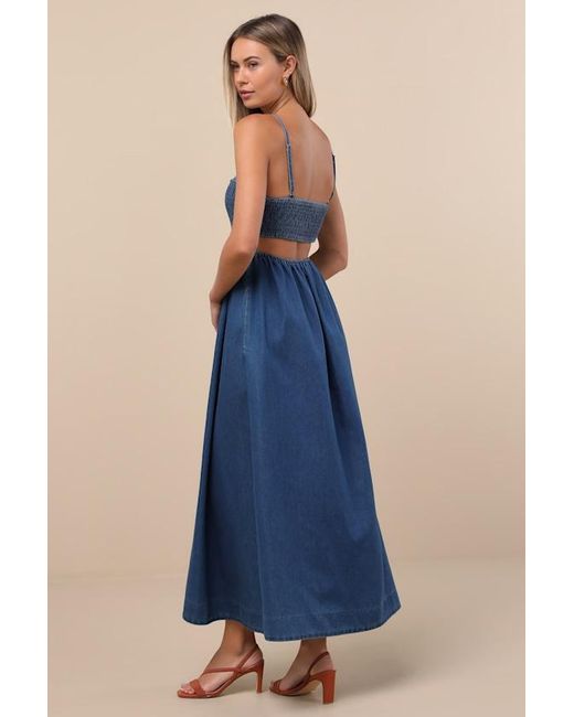Lulus Laylie Medium Wash Denim Lace-Up Midi Dress in Blue | Lyst